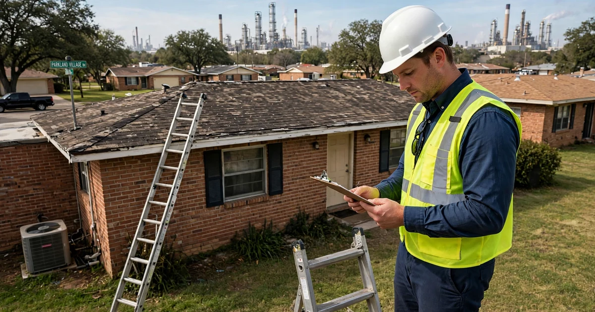 Parkland Village roof inspection in Pasadena: report review beside the ladder