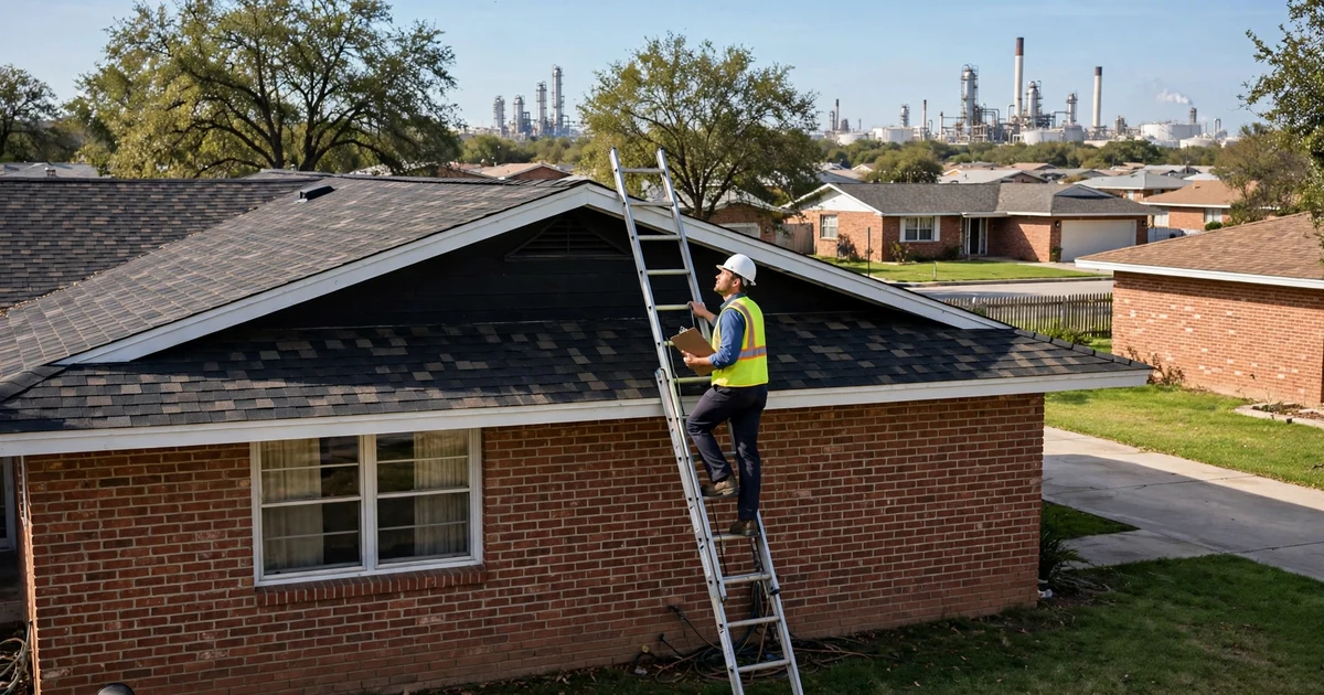 Parkview Estates roof inspection in Pasadena: inspector on a ladder with a clipboard at the eave