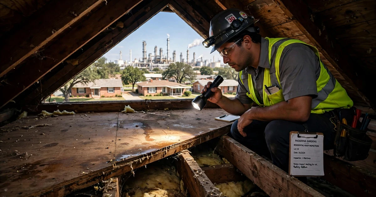 Pasadena Gardens roof inspection in Pasadena: attic decking check with a flashlight