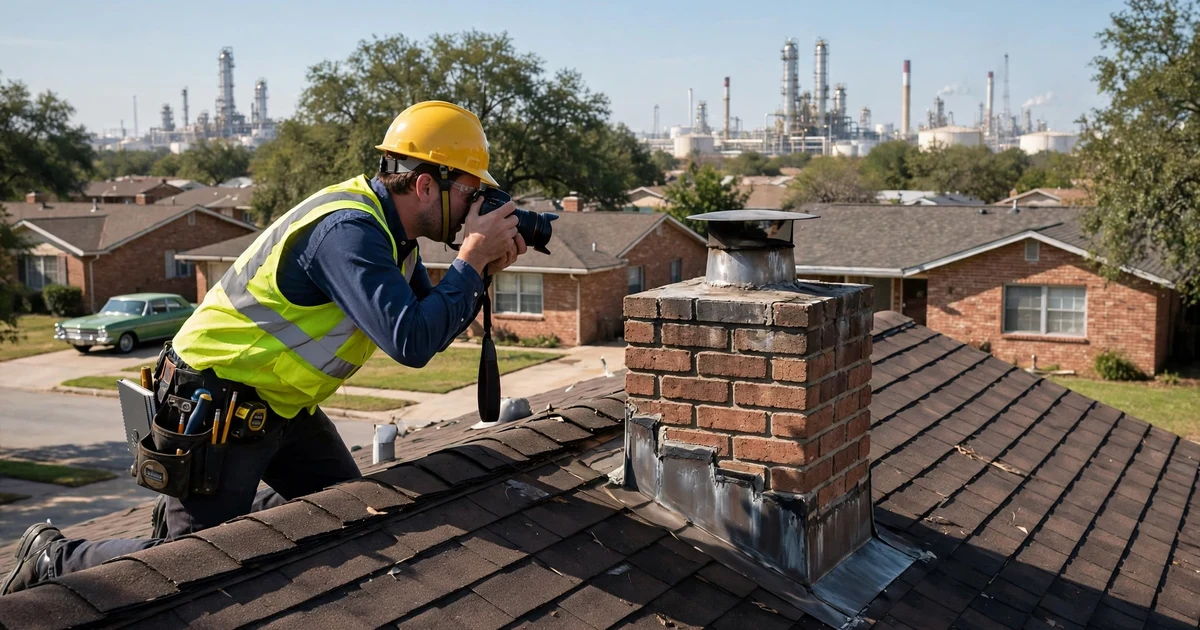 Pasadena River Oaks roof inspection in Pasadena: photo documentation of chimney flashing