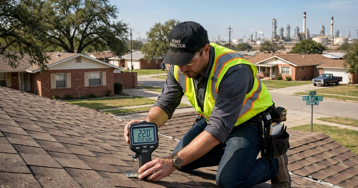 Red Bluff Terrace roof inspection in Pasadena: roof slope measurement with a pitch gauge