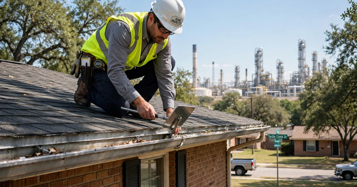 Turtle Creek roof inspection in Pasadena: gutter and drip edge check at the eave