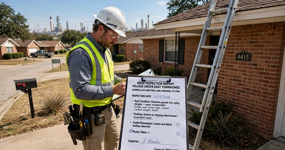 Village Grove East Townhomes roof inspection in Pasadena: report review beside the ladder