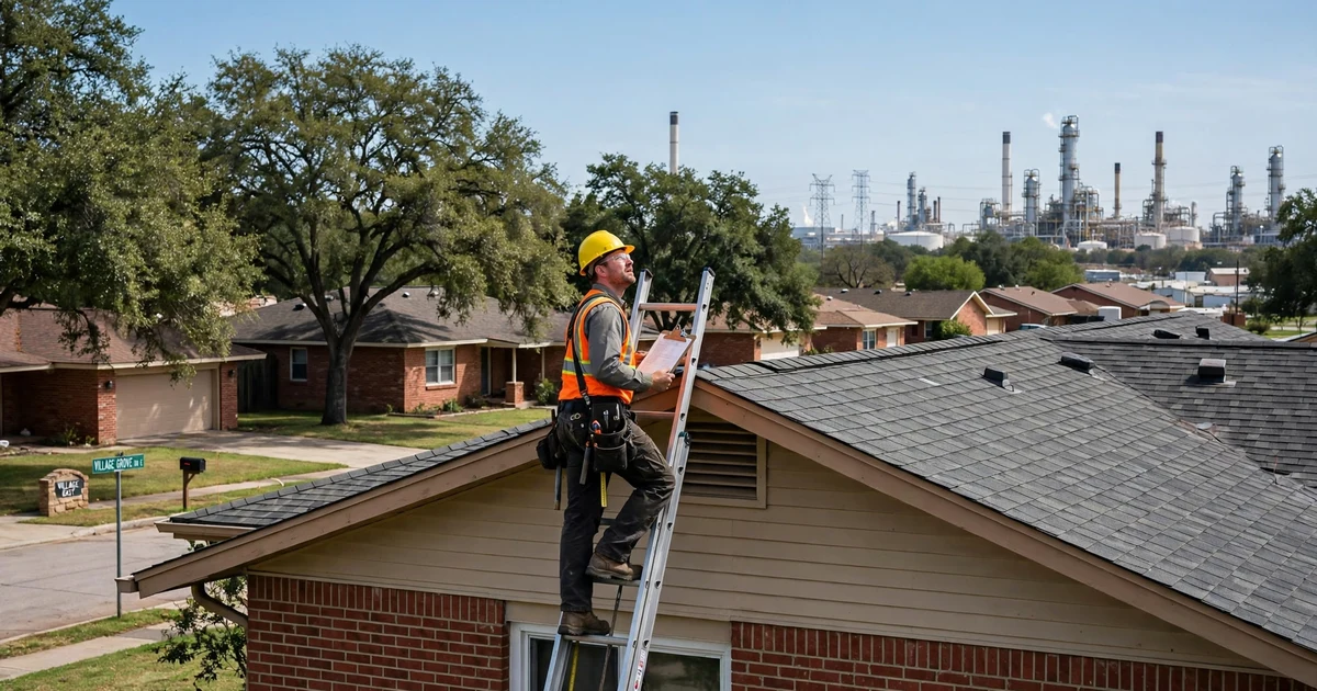 Village Grove East roof inspection in Pasadena: inspector on a ladder with a clipboard at the eave