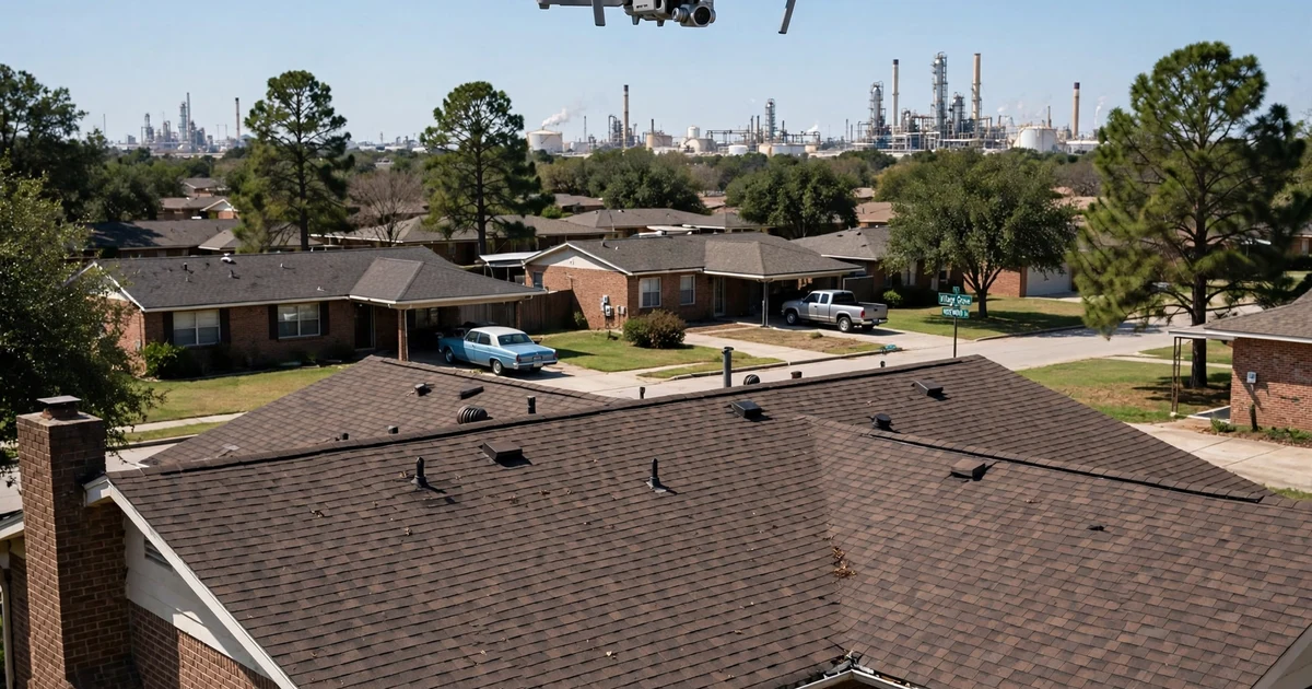 Village Grove roof inspection in Pasadena: drone survey over the roof