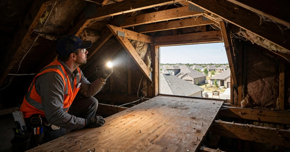 Country Place roof inspection in Pearland: attic decking check with a flashlight