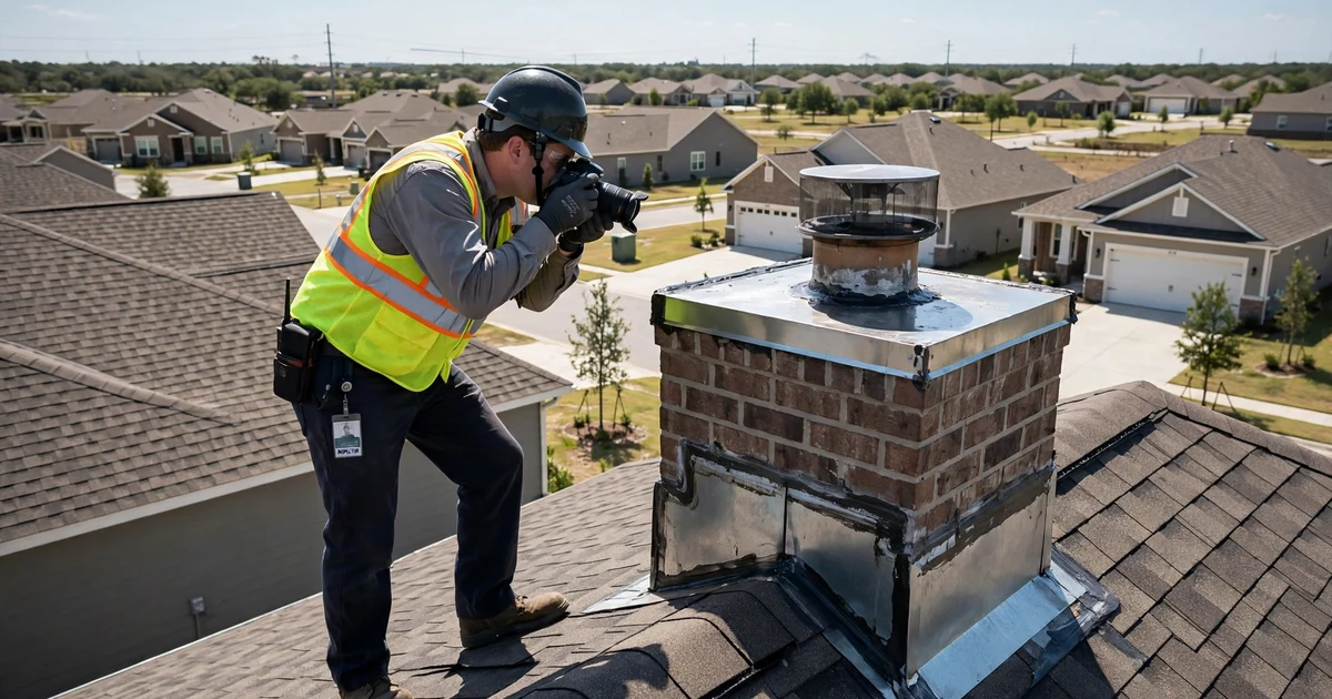 Dixie Hollow roof inspection in Pearland: photo documentation of chimney flashing