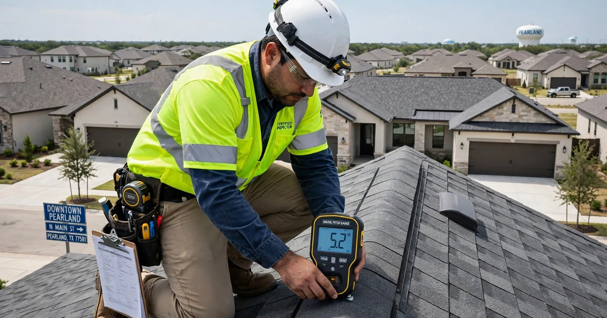 Downtown Pearland roof inspection in Pearland: roof slope measurement with a pitch gauge
