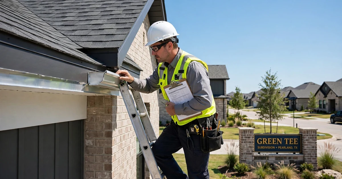 Green Tee roof inspection in Pearland: gutter and drip edge check at the eave