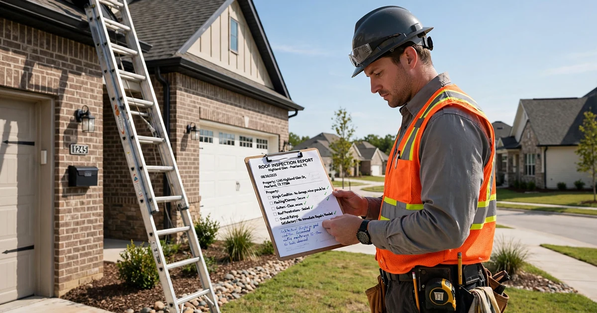 Highland Glen roof inspection in Pearland: report review beside the ladder