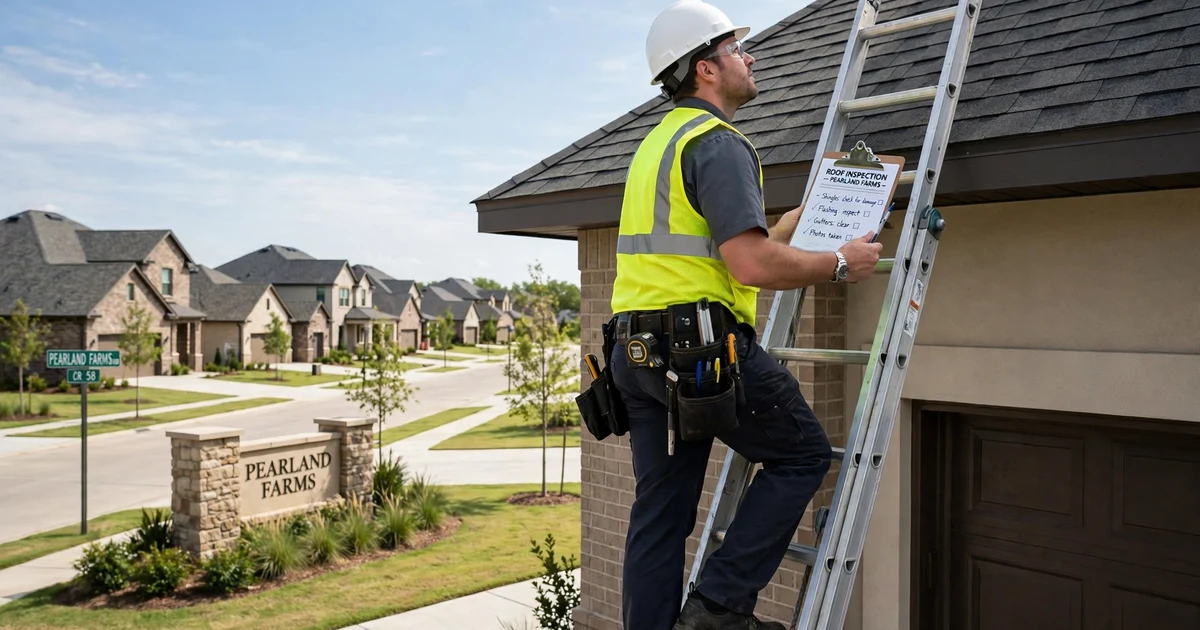 Pearland Farms roof inspection in Pearland: inspector on a ladder with a clipboard at the eave