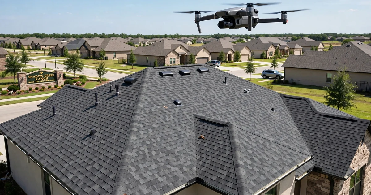 Shadow Creek Ranch roof inspection in Pearland: drone survey over the roof