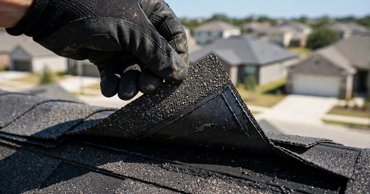 Shadow Creek roof inspection in Pearland: close-up check of a shingle tab seal