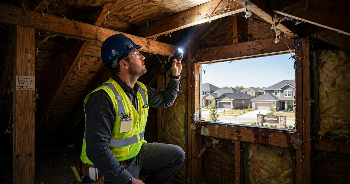 Silvercreek roof inspection in Pearland: attic decking check with a flashlight