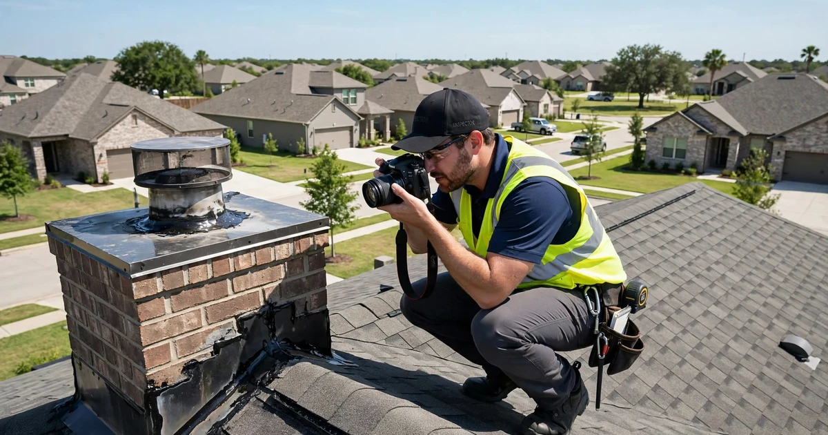 Silverlake roof inspection in Pearland: photo documentation of chimney flashing