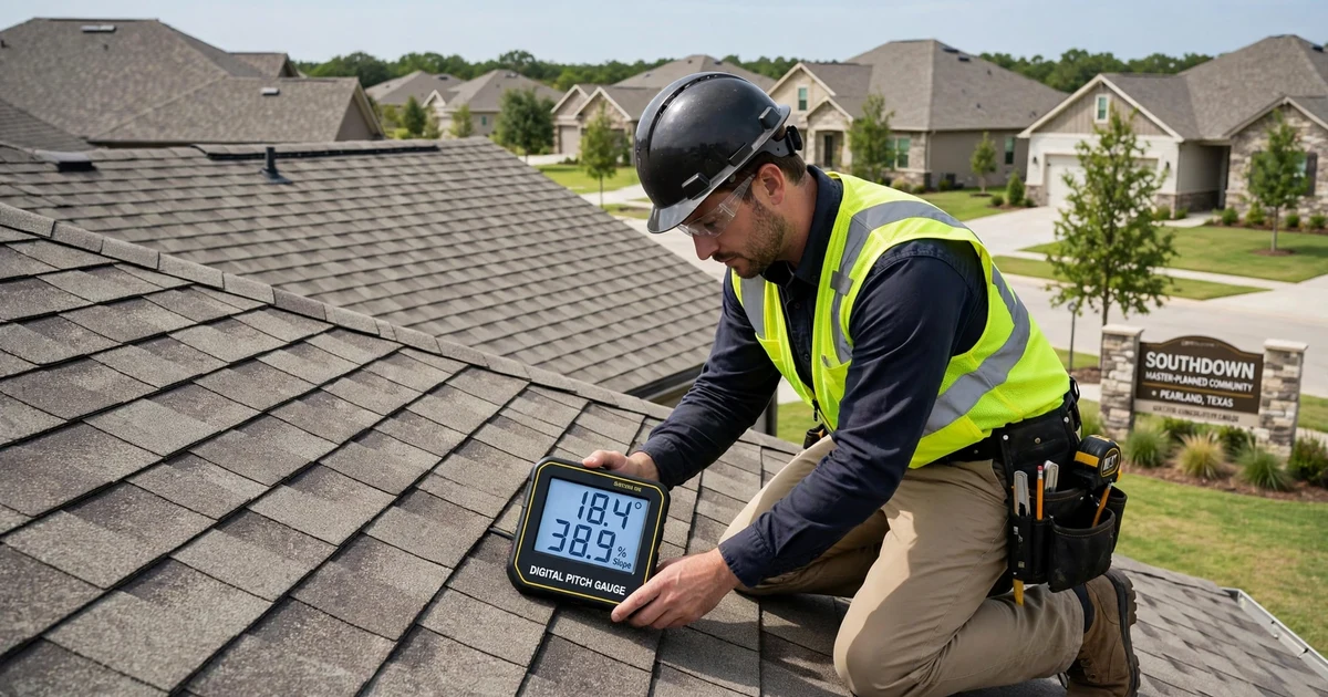 Southdown roof inspection in Pearland: roof slope measurement with a pitch gauge
