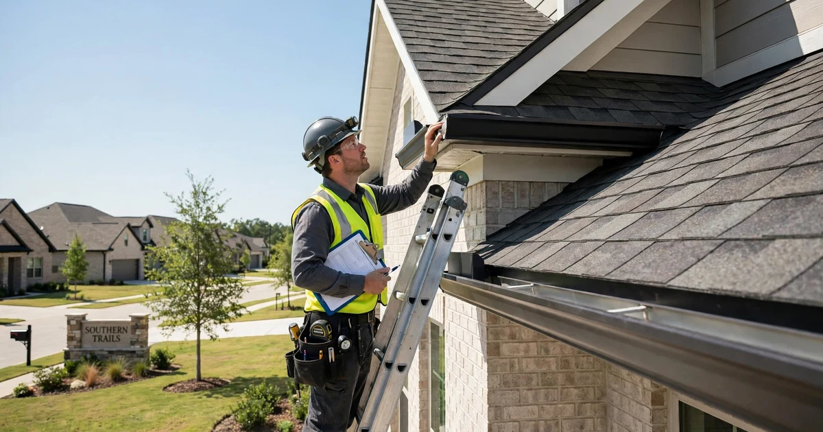 Southern Trails roof inspection in Pearland: gutter and drip edge check at the eave