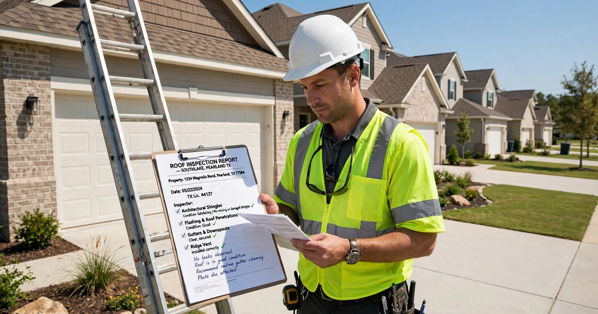 Southlake roof inspection in Pearland: report review beside the ladder