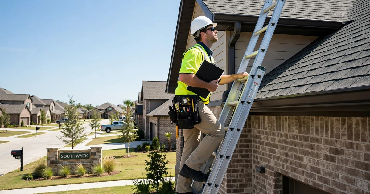 Southwyck roof inspection in Pearland: inspector on a ladder with a clipboard at the eave