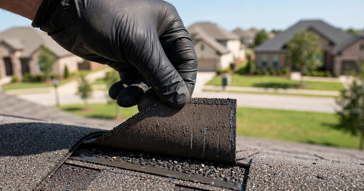 Avalon roof inspection in Sugar Land: close-up check of a shingle tab seal