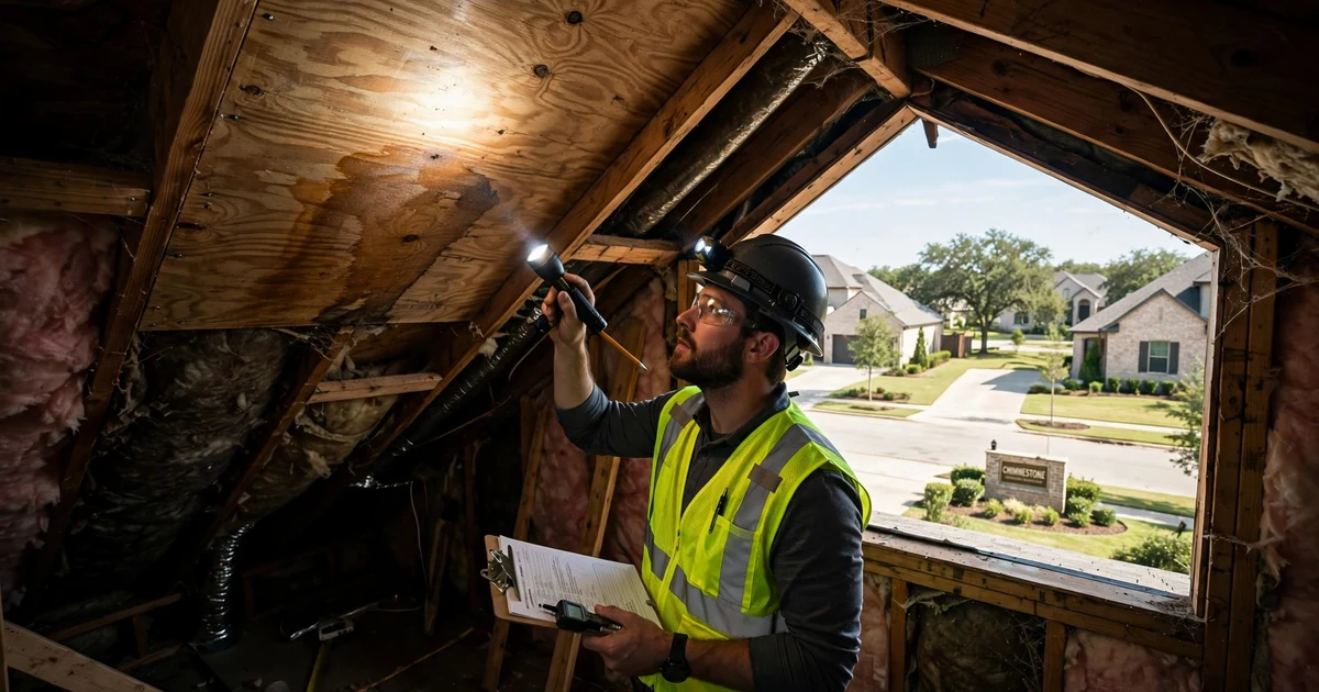 Chimneystone roof inspection in Sugar Land: attic decking check with a flashlight