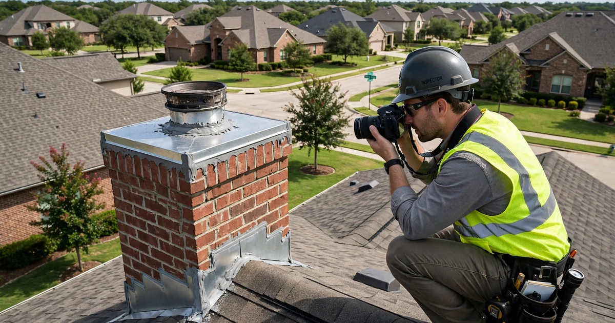 First Colony roof inspection in Sugar Land: photo documentation of chimney flashing