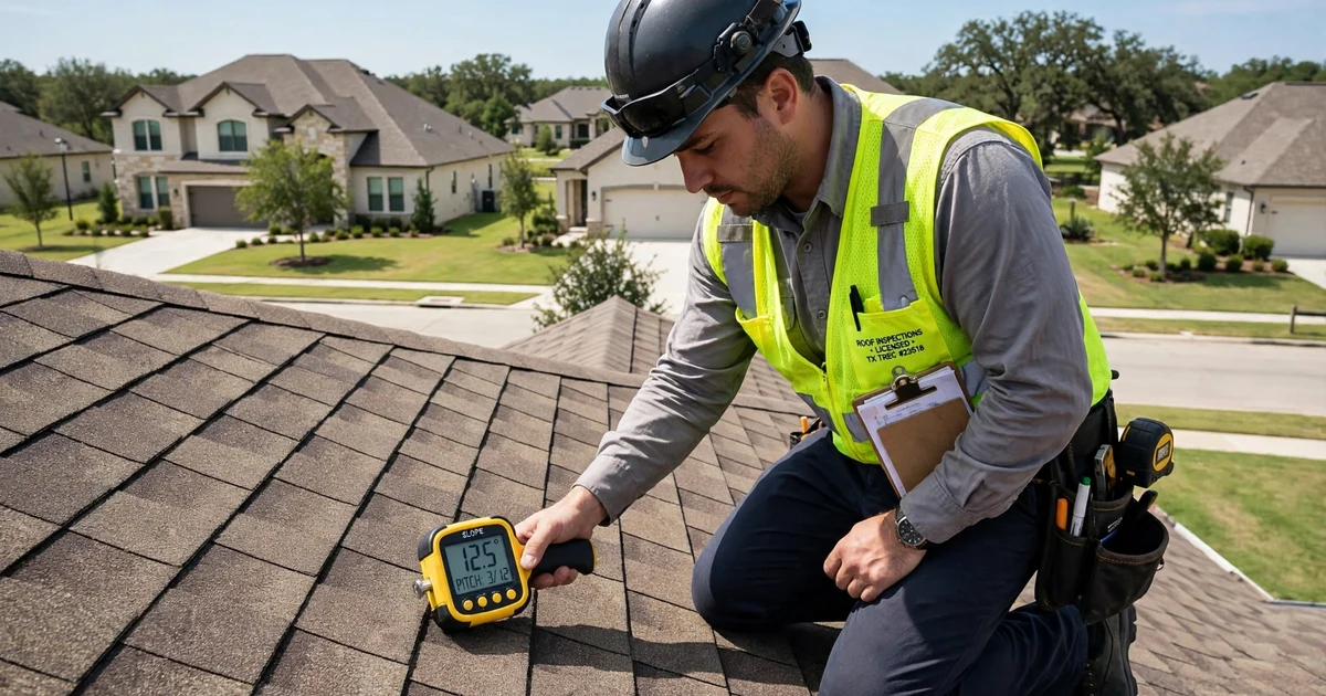 Greatwood roof inspection in Sugar Land: roof slope measurement with a pitch gauge
