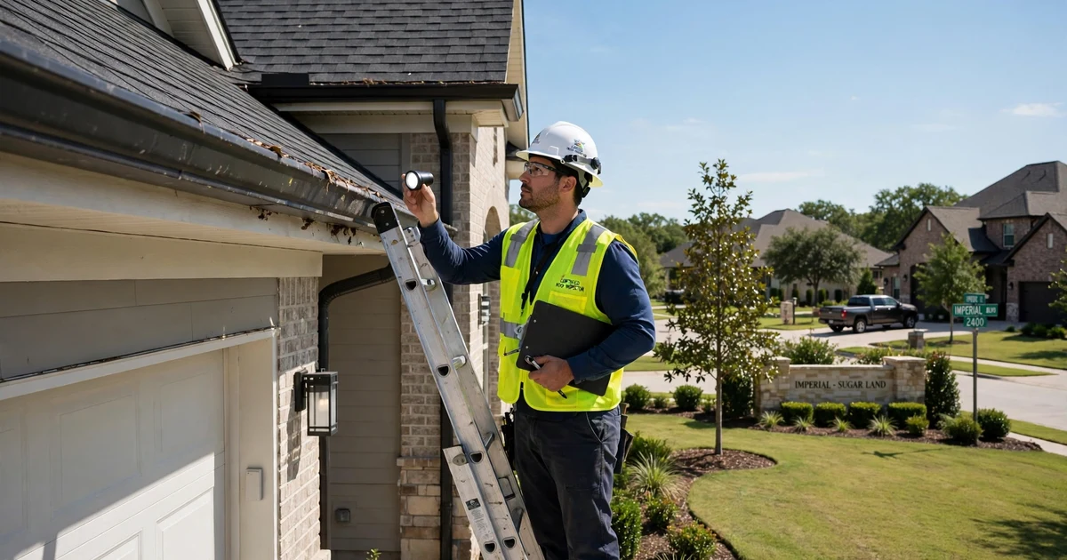 Imperial Sugar Land roof inspection in Sugar Land: gutter and drip edge check at the eave