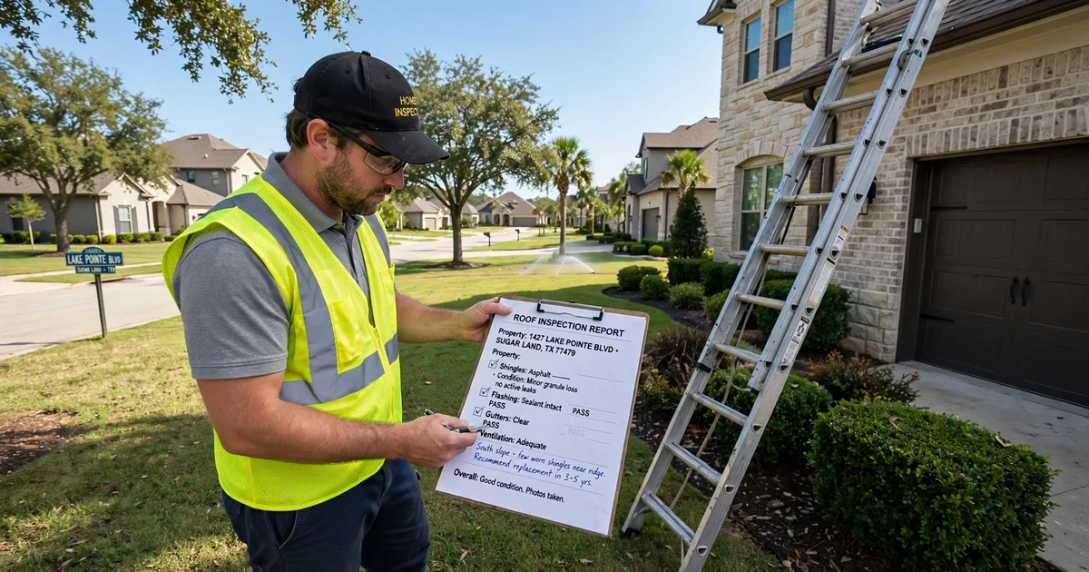 Lake Pointe roof inspection in Sugar Land: report review beside the ladder