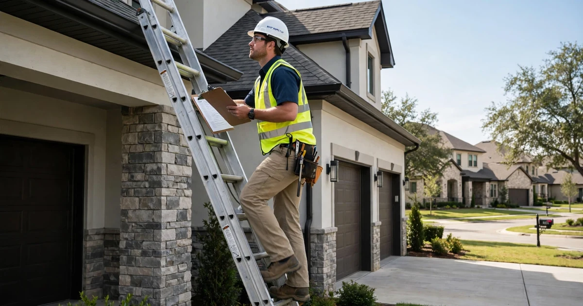 New Territory roof inspection in Sugar Land: inspector on a ladder with a clipboard at the eave