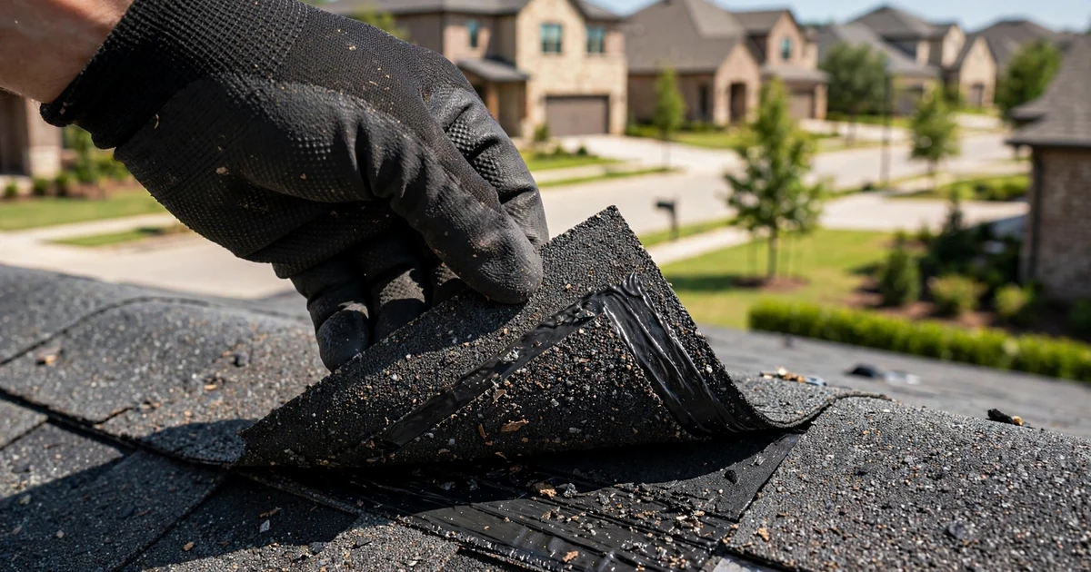 Riverpark roof inspection in Sugar Land: close-up check of a shingle tab seal