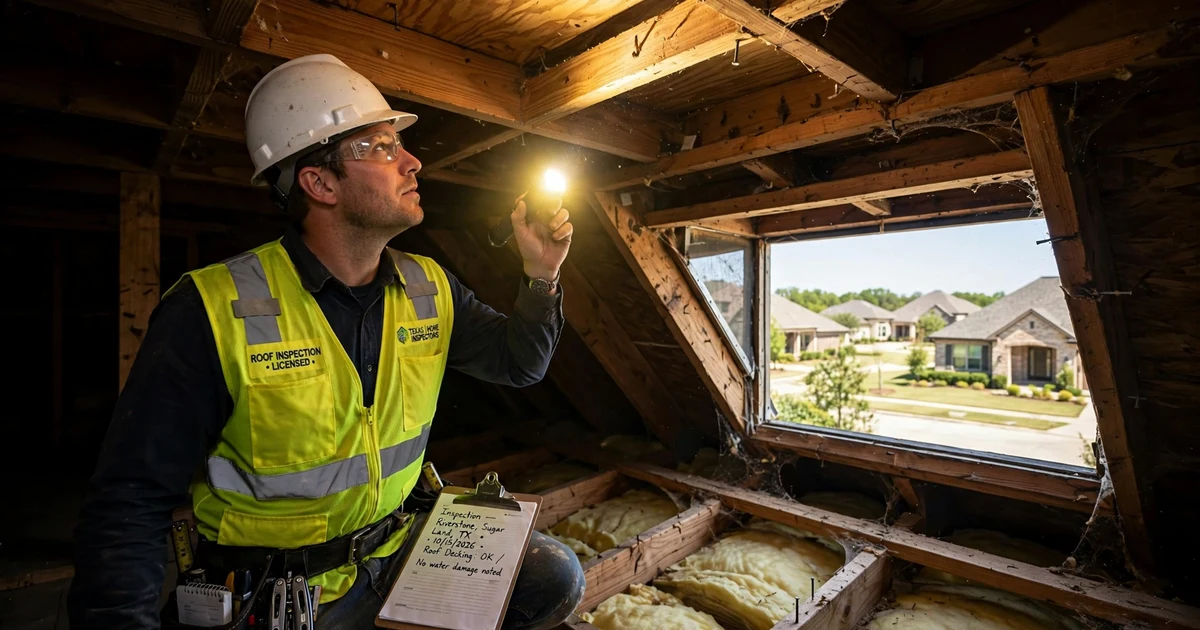 Riverstone roof inspection in Sugar Land: attic decking check with a flashlight