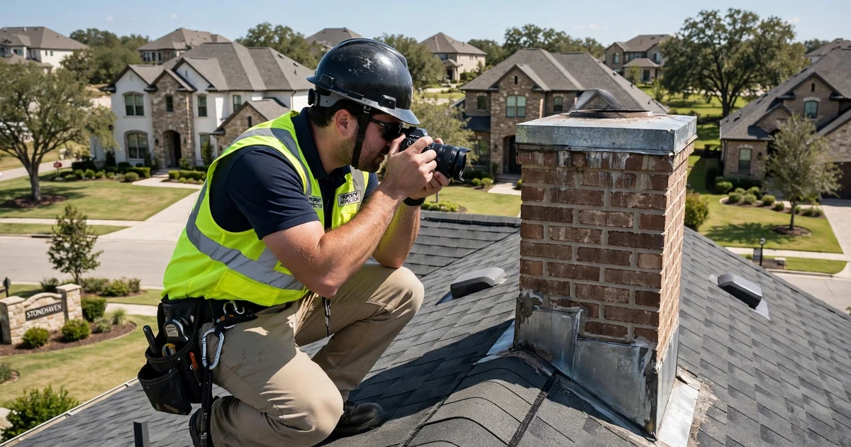 Stonehaven roof inspection in Sugar Land: photo documentation of chimney flashing