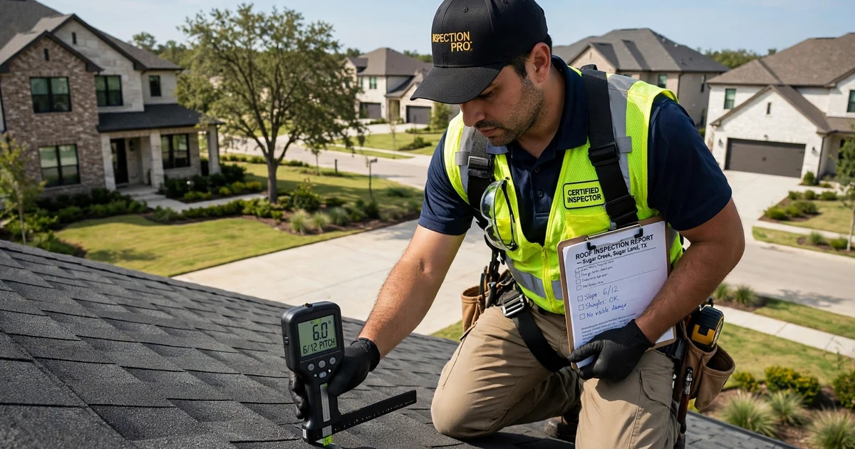 Sugar Creek roof inspection in Sugar Land: roof slope measurement with a pitch gauge