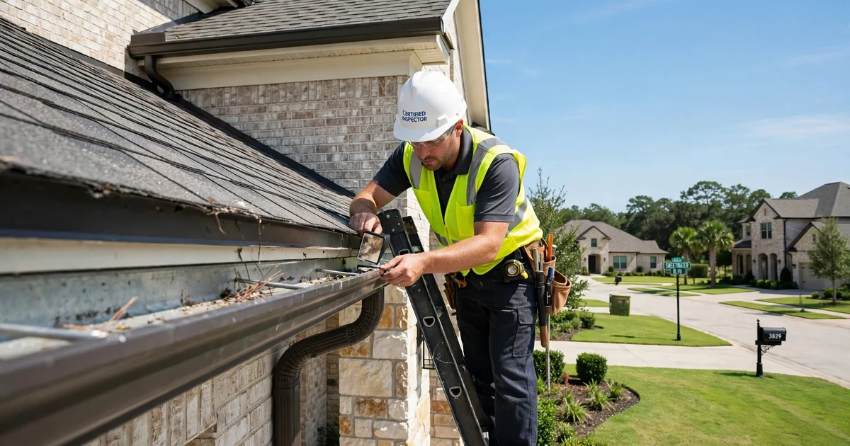 Sweetwater roof inspection in Sugar Land: gutter and drip edge check at the eave