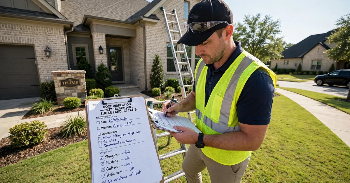 Telfair roof inspection in Sugar Land: report review beside the ladder