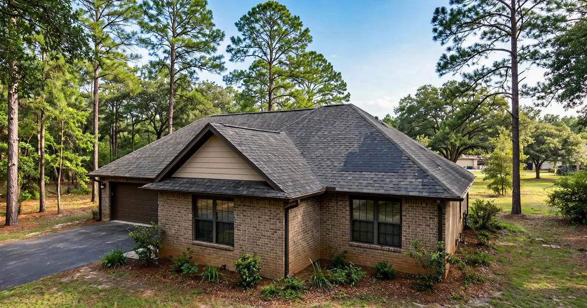 Roof repair in Kingwood: shingle work under the pine canopy