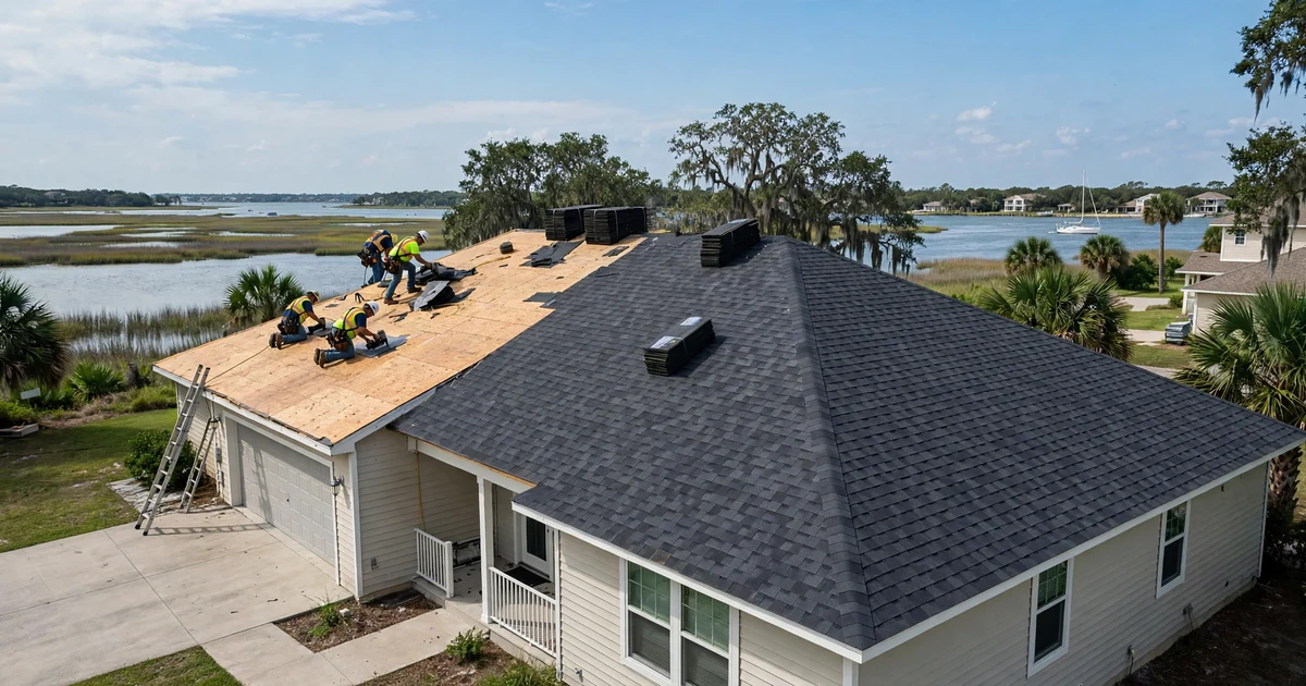 Roof replacement in League City: crew installing new architectural shingles