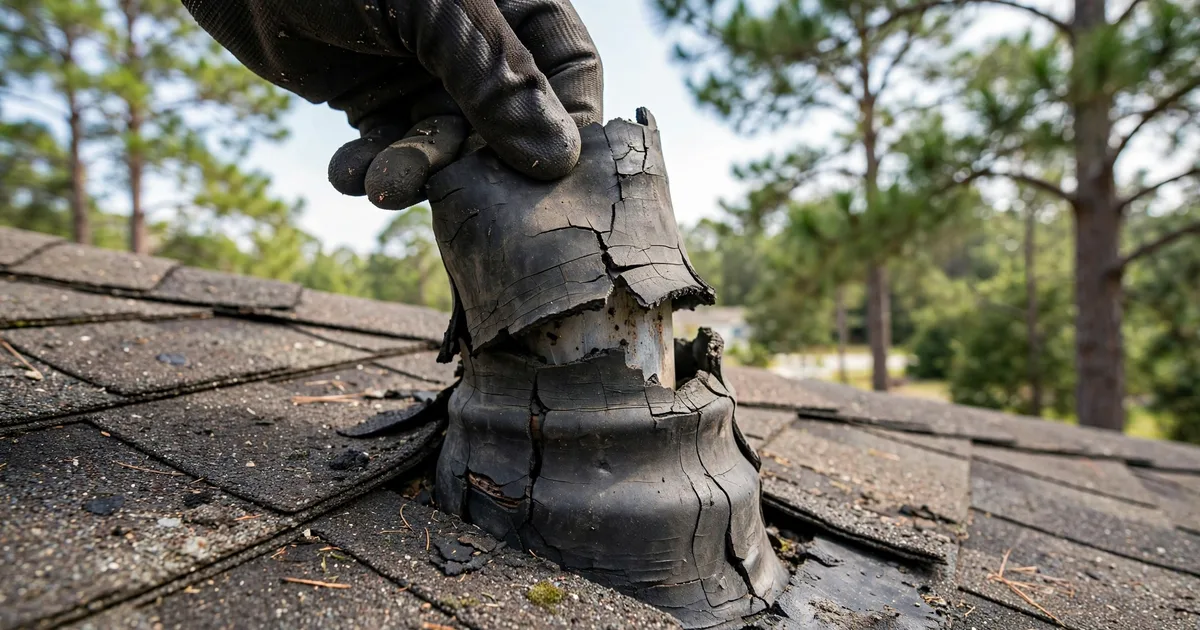 Roof leak repair in April Sound, Conroe: close-up of a cracked rubber pipe boot on asphalt shingles, roofer's gloved hand lifting the collar