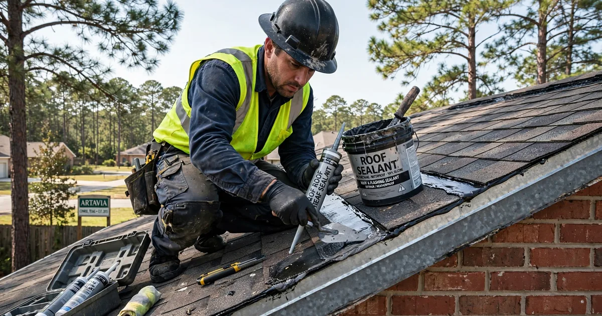 Roof leak repair in Artavia, Conroe: roofer resealing step flashing where the roof meets a brick wall, trowel and sealant
