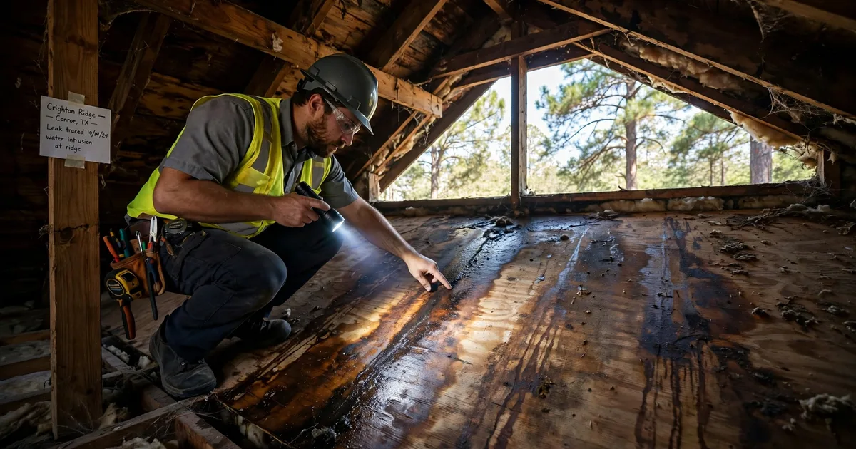 Roof leak repair in Crighton Ridge, Conroe: water-stained attic roof decking lit by a flashlight beam, inspector tracing the leak path