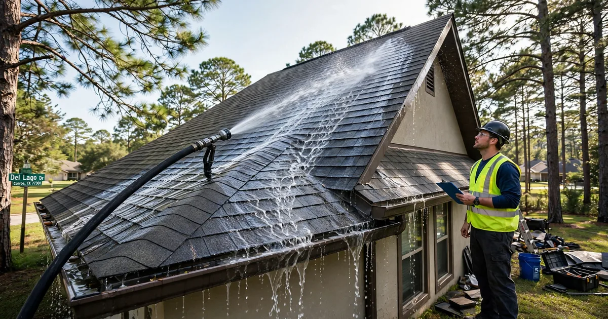 Roof leak repair in Del Lago, Conroe: controlled hose test on a roof slope, water stream on shingles with a technician watching