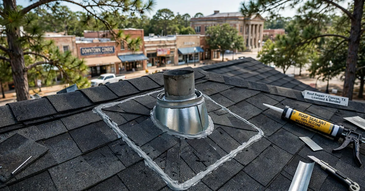 Roof leak repair in Downtown Conroe, Conroe: new metal flashing installed around a roof vent, fresh sealant, shingles woven around it