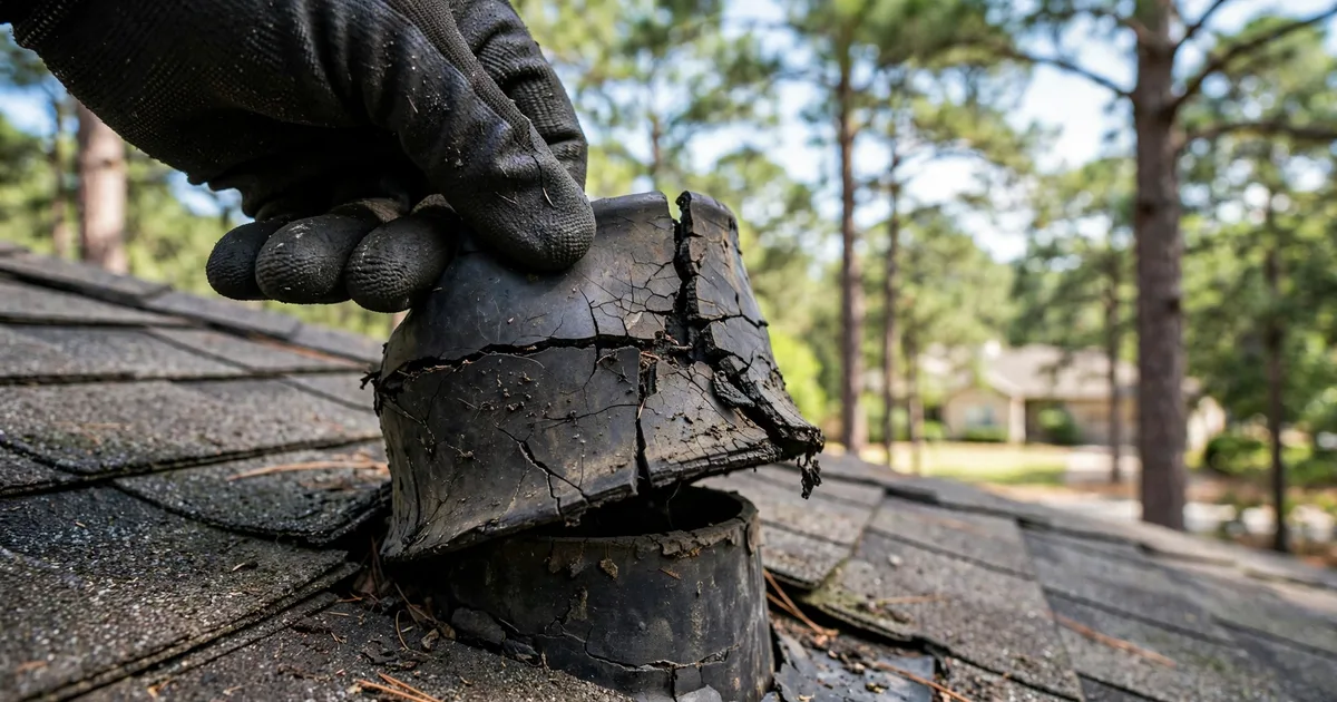 Roof leak repair in Grand Central Park, Conroe: close-up of a cracked rubber pipe boot on asphalt shingles, roofer's gloved hand lifting the collar