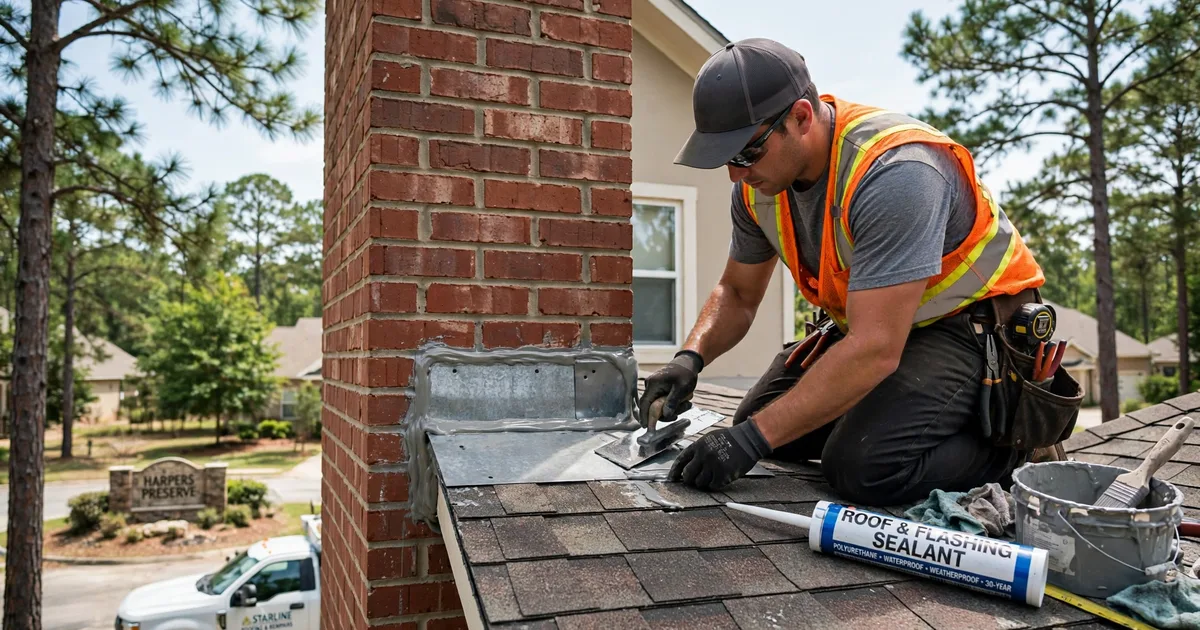 Roof leak repair in Harpers Preserve, Conroe: roofer resealing step flashing where the roof meets a brick wall, trowel and sealant