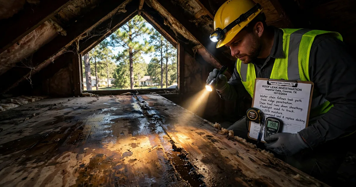 Roof leak repair in Imperial Oaks, Conroe: water-stained attic roof decking lit by a flashlight beam, inspector tracing the leak path