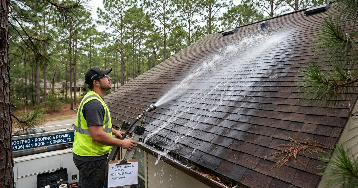 Roof leak repair in Lake Conroe Forest, Conroe: controlled hose test on a roof slope, water stream on shingles with a technician watching
