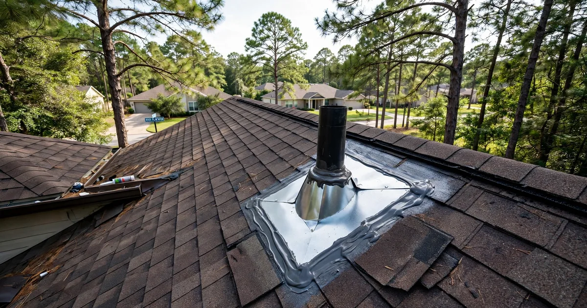 Roof leak repair in River Plantation, Conroe: new metal flashing installed around a roof vent, fresh sealant, shingles woven around it
