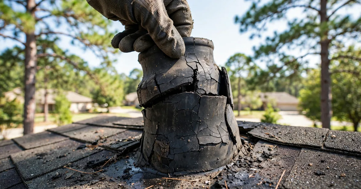 Roof leak repair in Riverbrook, Conroe: close-up of a cracked rubber pipe boot on asphalt shingles, roofer's gloved hand lifting the collar