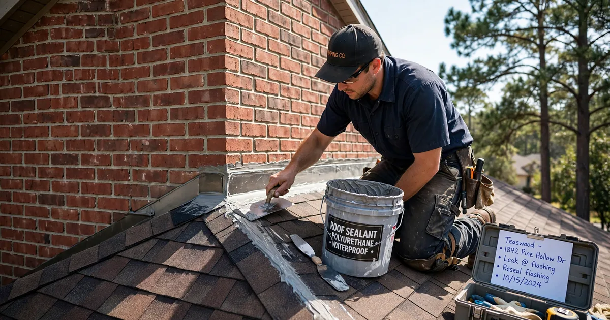 Roof leak repair in Teaswood, Conroe: roofer resealing step flashing where the roof meets a brick wall, trowel and sealant